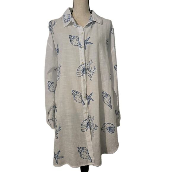 Women's Blue Island Blue/White Shells Top Tunic 100% Cotton Sz 3XL - Picture 1 of 7